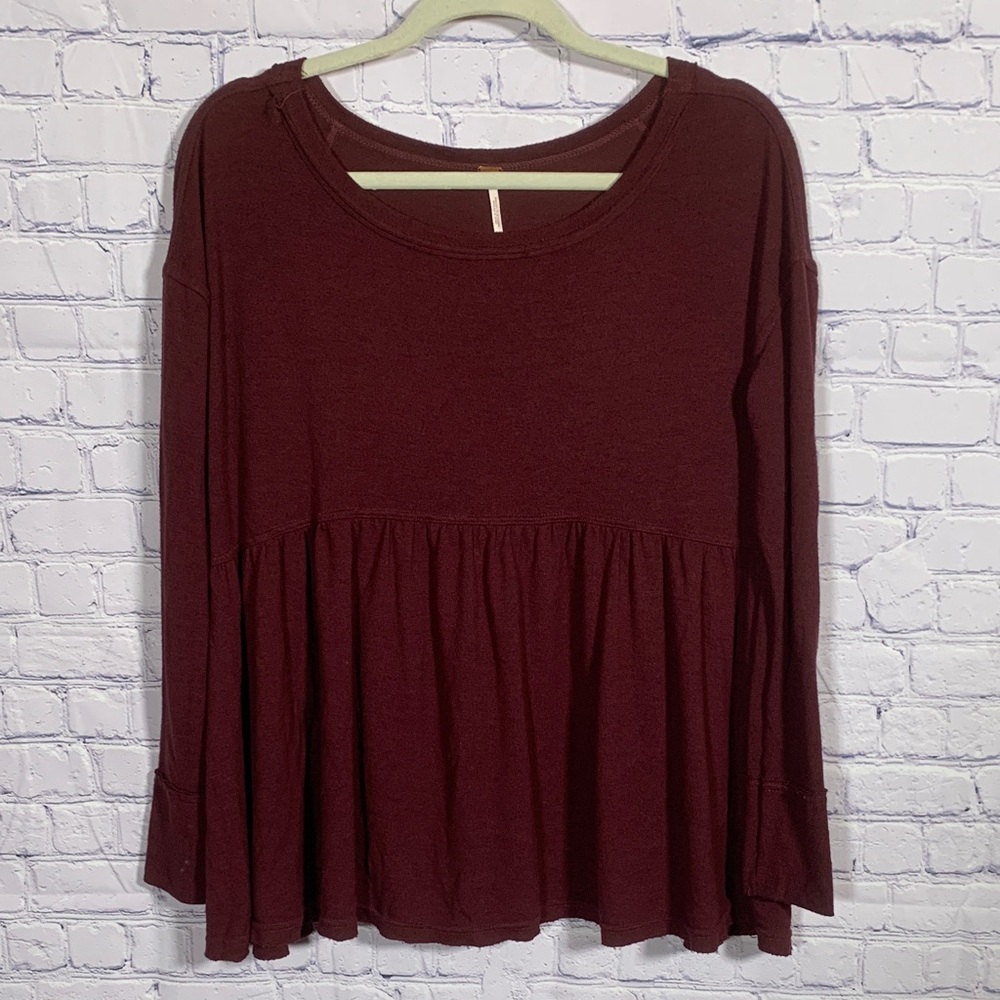 Free People Womens Long Sleeve Oversized Babydoll Top Burgundy Size XS Casual